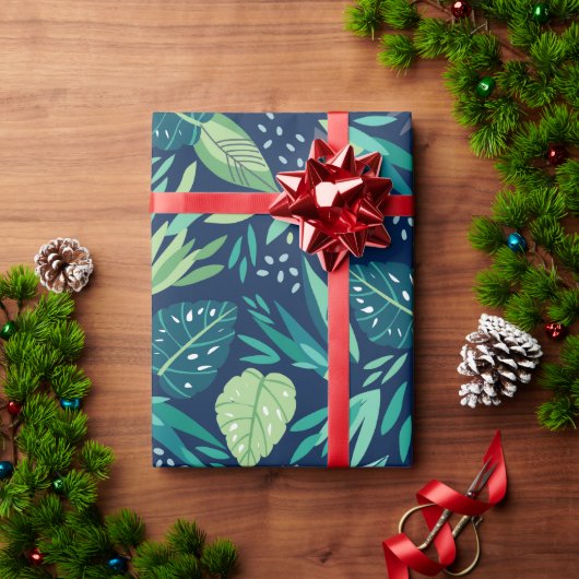 Grüne tropische Blätter Muster auf blau Geschenkpapier (Feiertagsgeschenk)
