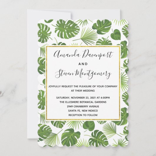 Grüne tropische Blätter Muster Stilvolle Hochzeit Einladung (Vorderseite)