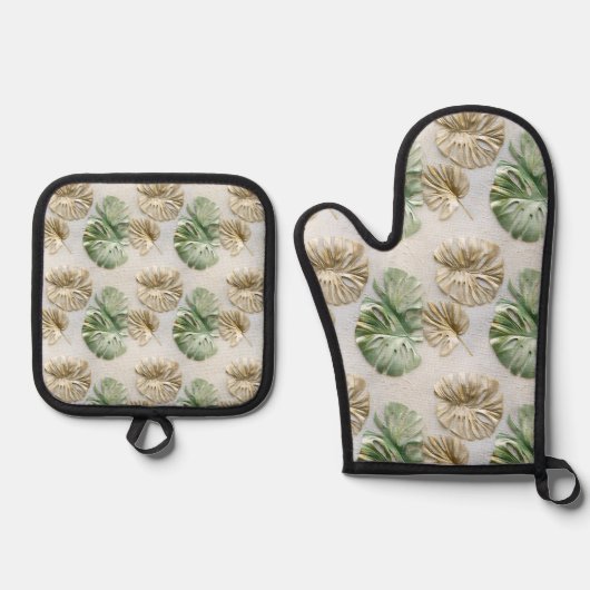 Grüne tropische Blätter Ofenhandschuh & Topflappen-Set (Vorderseite)