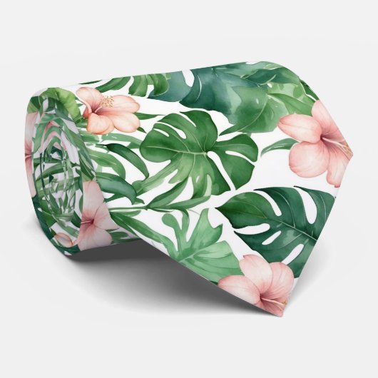 Grüne tropische Blätter Rosa Hibiskus Blume Kunst Krawatte (Gerollt)