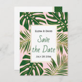 Grüne tropische Blätter rosa Hochzeit Save the Dat Ankündigungspostkarte (Vorne/Hinten)