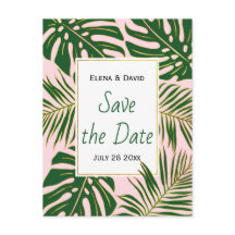 Grüne tropische Blätter rosa Hochzeit Save the Dat