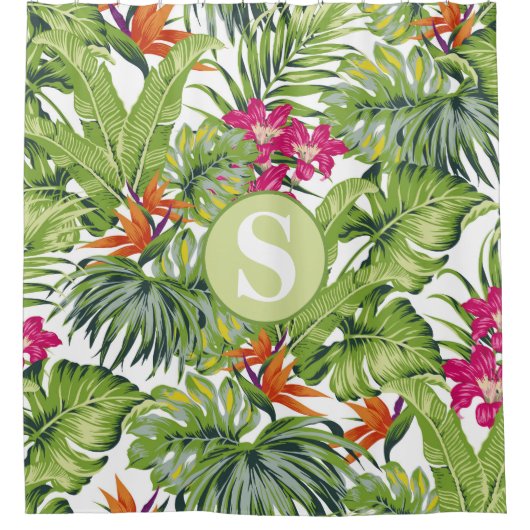Grüne tropische Blätter Rosa Orange Blume Monogram Duschvorhang (Vorderseite)