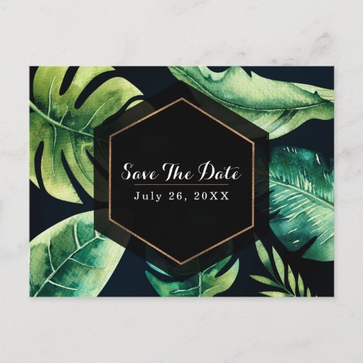 Grüne tropische Blätter Schwarz Elegant Save the D Ankündigungspostkarte (Vorderseite)
