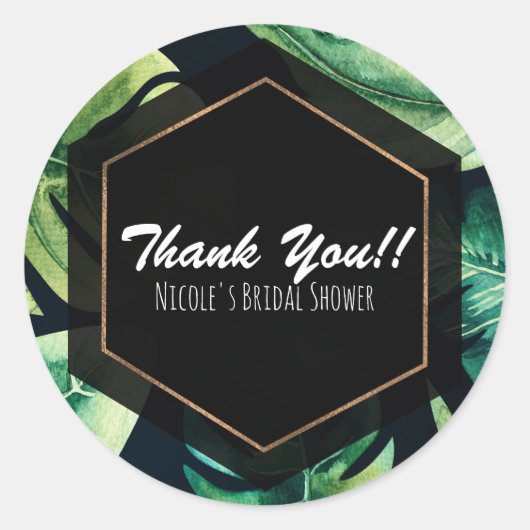 Grüne tropische Blätter Schwarz Elegante Hochzeit Runder Aufkleber (Vorderseite)