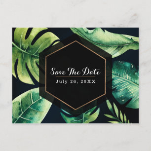 Grüne tropische Blätter Schwarze elegante Save-The Ankündigungspostkarte