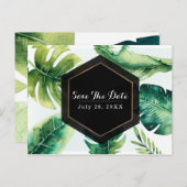 Grüne tropische Blätter Weiß Elegant Save the Date Ankündigungspostkarte (Vorne/Hinten)