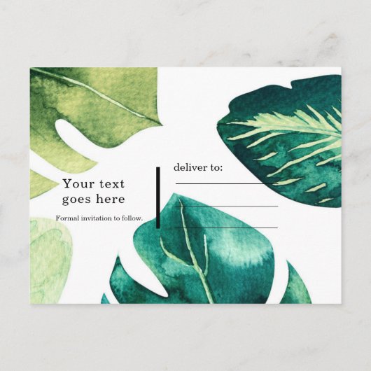 Grüne tropische Blätter Weiß Elegant Save the Date Ankündigungspostkarte (Rückseite)
