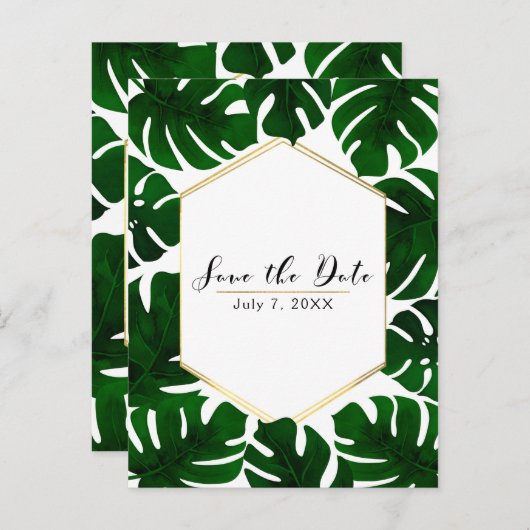 Grüne tropische Blätter Weiß und Gold Save the Dat Ankündigungspostkarte (Vorne/Hinten)