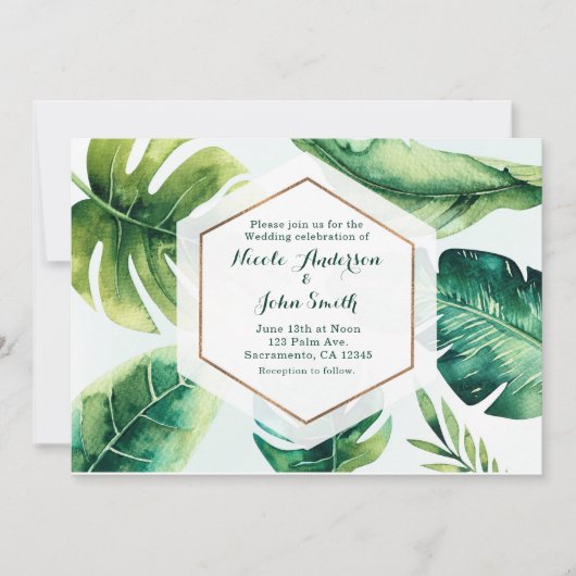 Grüne tropische Blätter Weiße Hochzeitseinladungen Einladung (Vorderseite)