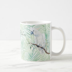 Grüne tropische Blätter weißer Vogel Aloha Kaffeetasse