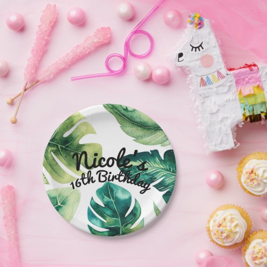 Grüne tropische Blätter Weißes elegantes Party Pappteller (Party)