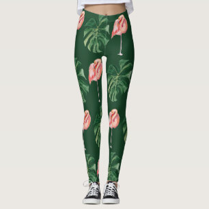 Grüne tropische Flamingo und Monstera Leaf Frauen Leggings