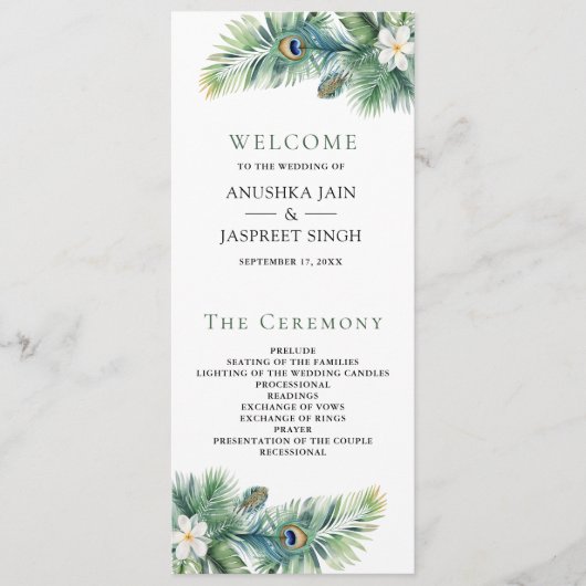 Grüne tropische indische Pfauenfedern Hochzeit Programm (Vorderseite)