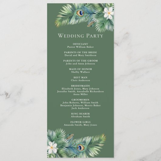 Grüne tropische indische Pfauenfedern Hochzeit Programm (Rückseite)