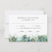 Grüne tropische indische Pfauenfedern Hochzeit RSVP Karte (Vorderseite)