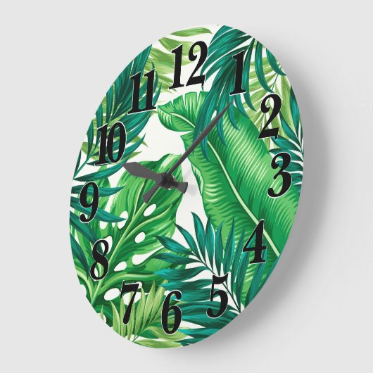 Grüne tropische Palmen Banana Monstera Blätter Große Wanduhr (Winkel)