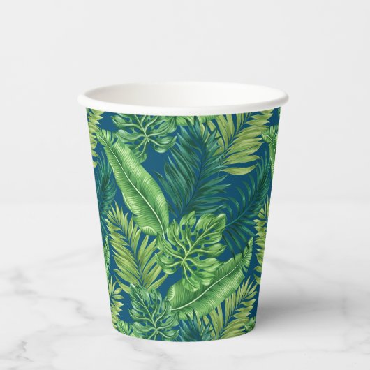 Grüne tropische Palmen Banana Monstera Blätter Pappbecher (Vorderseite)