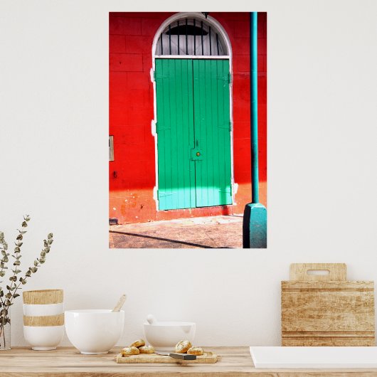 Grüne Tür und rote Mauer, New Orleans Poster (Küche)