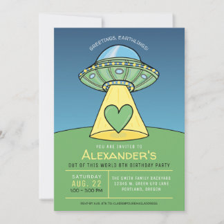 Grüne UFO-Alien-Geburtstagsfeier-Einladung Einladung