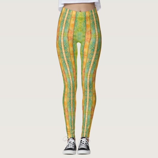 Grüne und Apricot Wasserfarben Streifen Leggings (Vorderseite)