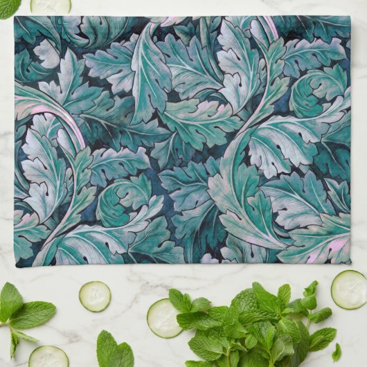 Grüne und Aquamarine Morris-Blätter Geschirrtuch (Gefaltet)