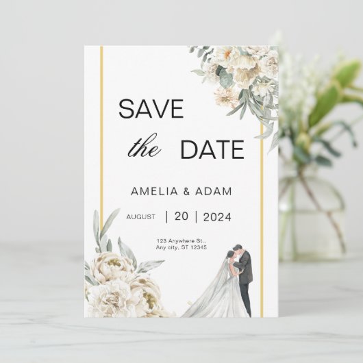 Grüne und beige Blätter Save the Date Hochzeit Einladung (Stehend Vorderseite)