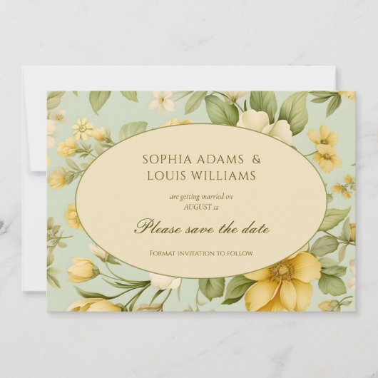 Grüne und beige Hochzeit mit Blumen Save The Date (Vorderseite)