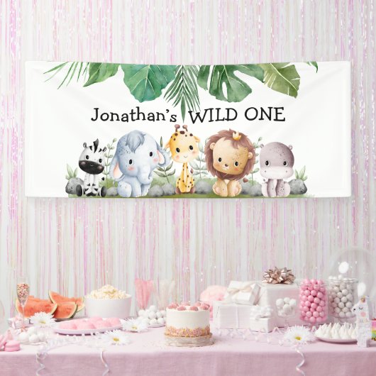 Grüne und beige Safari Wild Eins Geburtstag Banner (Party)