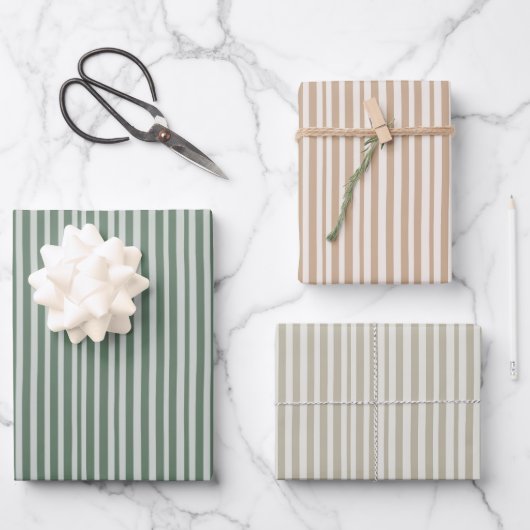 Grüne und Beige Stipes Weihnachtswrapping Paper Geschenkpapier Set (Vorderseite)