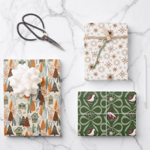 Grüne und beige Weihnachtswald-Dorf-Schneeflocke Geschenkpapier Set