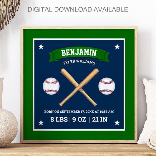 Grüne und blaue Baseballschläger und Bälle Geburts Poster