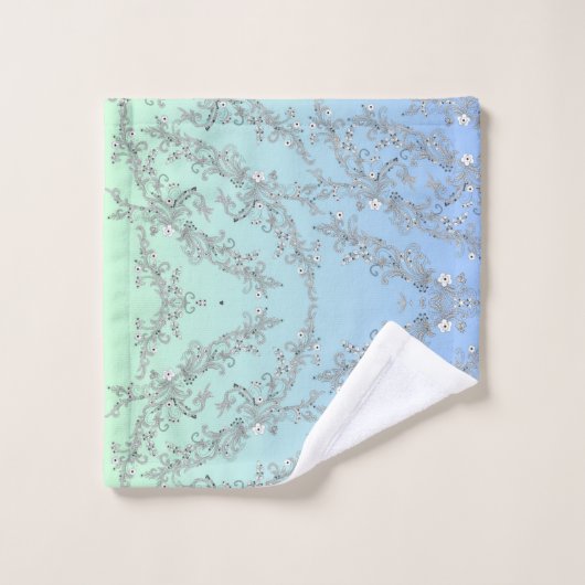 GRÜNE UND BLAUE BLUMEN BADHANDTUCH SET (Waschlappen)