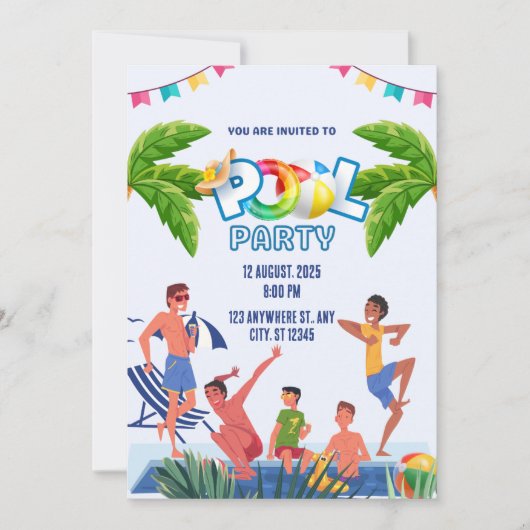 Grüne und blaue illustrative Poolparty Einladung (Vorderseite)