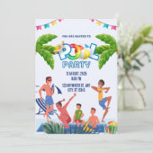Grüne und blaue illustrative Poolparty Einladung (Stehend Vorderseite)