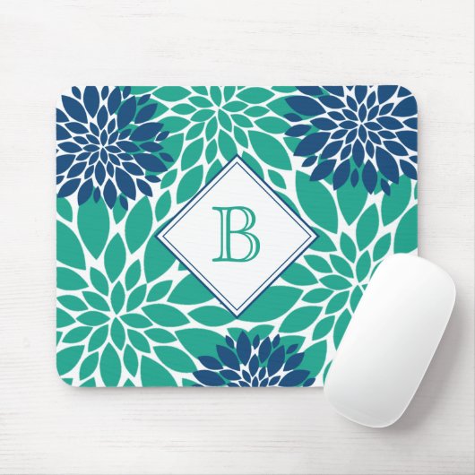 Grüne und blaue moderne Blooms erste Monogramm Mousepad (Mit Mouse)