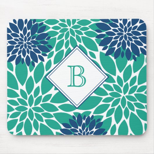 Grüne und blaue moderne Blooms erste Monogramm Mousepad (Vorne)