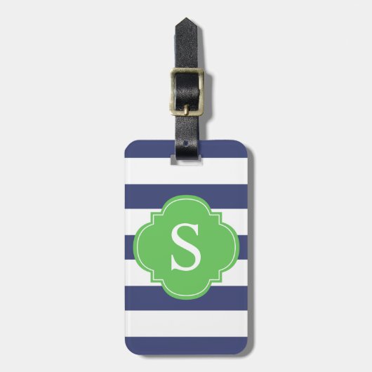 Grüne und blaue Streifen Mit Monogramm Gepäckanhänger (Vorderseite vertikal)
