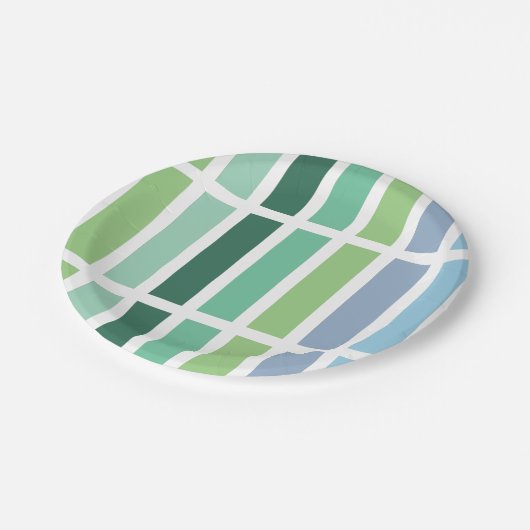 Grüne und blaue Streifen Pappteller (Schrägansicht)