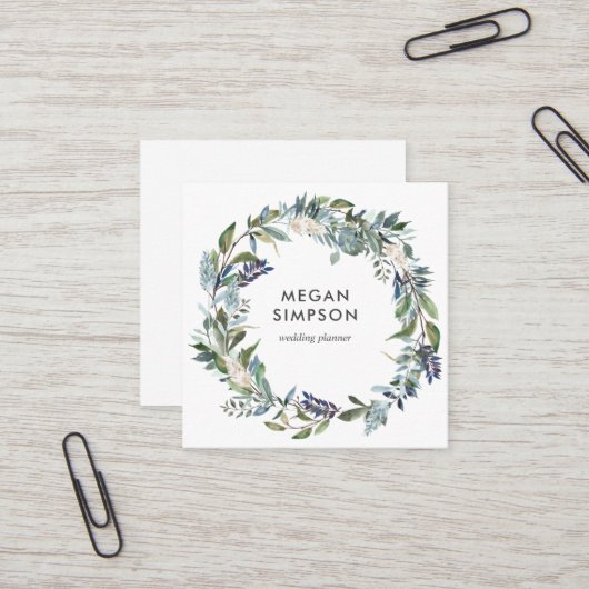 Grüne und blaue Wasserfarben Blumenreath Quadratische Visitenkarte (Vorderseite/Rückseite Beispiel)