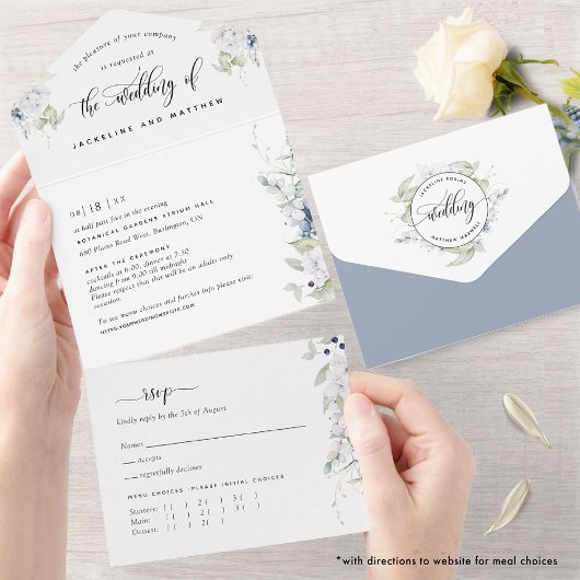 Grüne und blumenreiche Hochzeit RSVP mit Auswahl d All In One Einladung