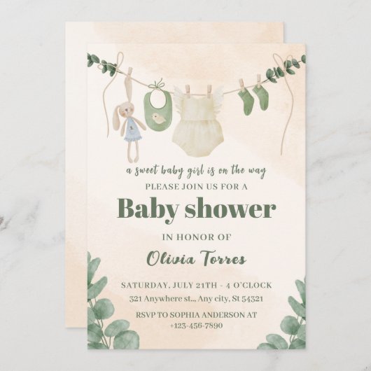 Grüne und cremefarbene Kinderdusche Einladung (Vorne/Hinten)