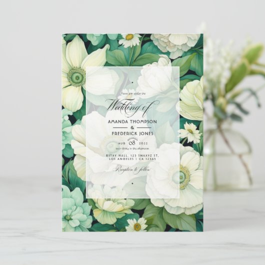 Grüne und Elfenbeinblumenhochzeit Einladung (Stehend Vorderseite)