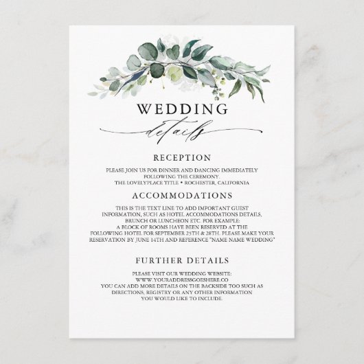 Grüne und Eukalyptus Wedding Information Guest Begleitkarte (Vorderseite)