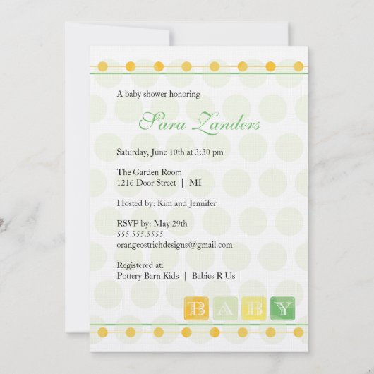Grüne und gelbe Block-Babyparty-Einladung Einladung (Rückseite)