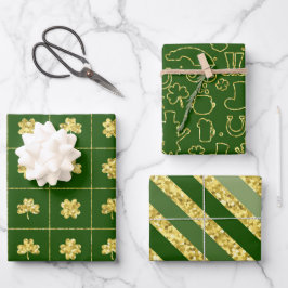 GRÜNE UND GOLD GLITZER SEHEN IRISH-KLEEBLÄTTER GESCHENKPAPIER SET