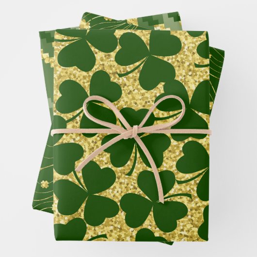 GRÜNE UND GOLD GLITZER SEHEN IRISH-KLEEBLÄTTER GESCHENKPAPIER SET (Beispiel)