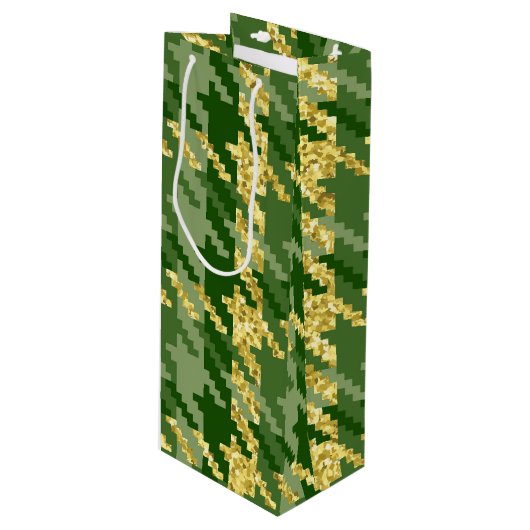 GRÜNE UND GOLD IRISH HAHNENTRITTMUSTER PATTERN GESCHENKTÜTE FÜR WEINFLASCHEN (Vorderseite Schrägansicht)