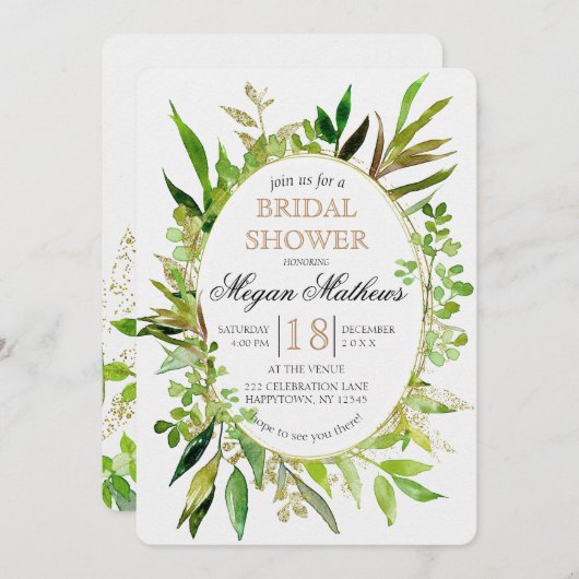 Grüne und Gold Leaf Bridal Dusche Einladung (Vorne/Hinten)
