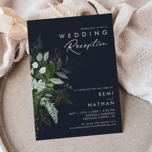 Grüne und Gold Leaf Dark Navy Hochzeitsempfang Einladung
